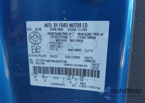 2009 Ford F-150 Stx/Xl/Xlt из США, поврежденный, VIN 1FTRX14879KA27318